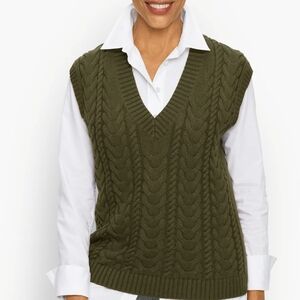 Talbots Olive V-Neck Cable Knit Sweater Vest